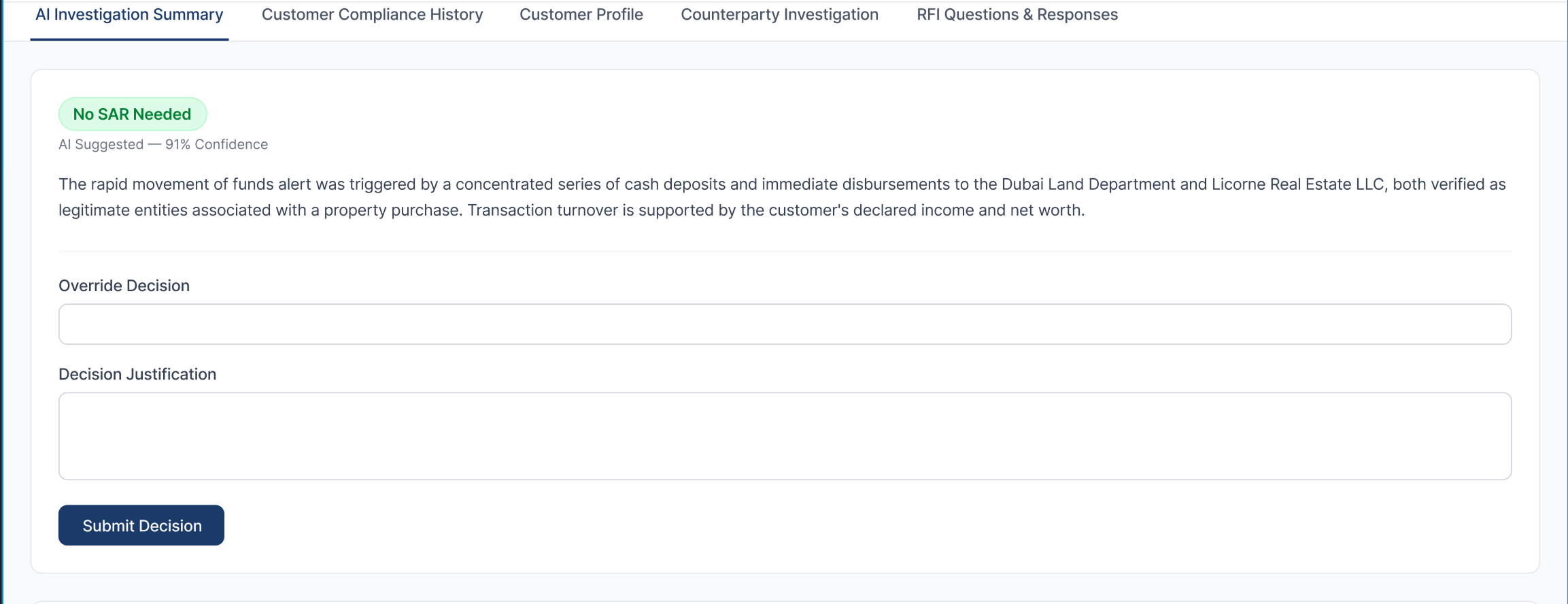 TMU case tool — the AI's recommendation with a confidence score, above a "Why safe to close" evidence panel